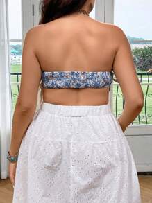 SHEIN SunnyBelle 大碼滿版印花流蘇邊頭巾下擺抹胸上衣 - 藍色 - 查看 2