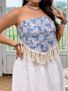 SHEIN SunnyBelle 大碼滿版印花流蘇邊頭巾下擺抹胸上衣 - 藍色 - 查看 4