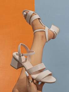 女士踝帶粗跟涼鞋,優雅杏高跟涼鞋 - 杏色 - 查看 2