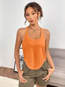 Muchica Chất rắn Curved Hem Racerback Áo ba lỗ - trái cam - Xem 1