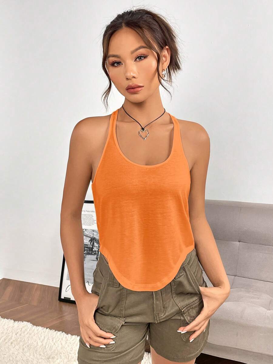 Muchica Chất rắn Curved Hem Racerback Áo ba lỗ - trái cam - Xem 1