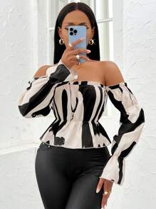 Zolique Blusa peplum de color combinado de hombros descubiertos de manga con volante - Albaricoque - Ver 3