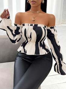Zolique Blusa peplum de color combinado de hombros descubiertos de manga con volante - Albaricoque - Ver 4