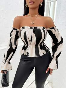 Zolique Blusa peplum de color combinado de hombros descubiertos de manga con volante - Albaricoque - Ver 5