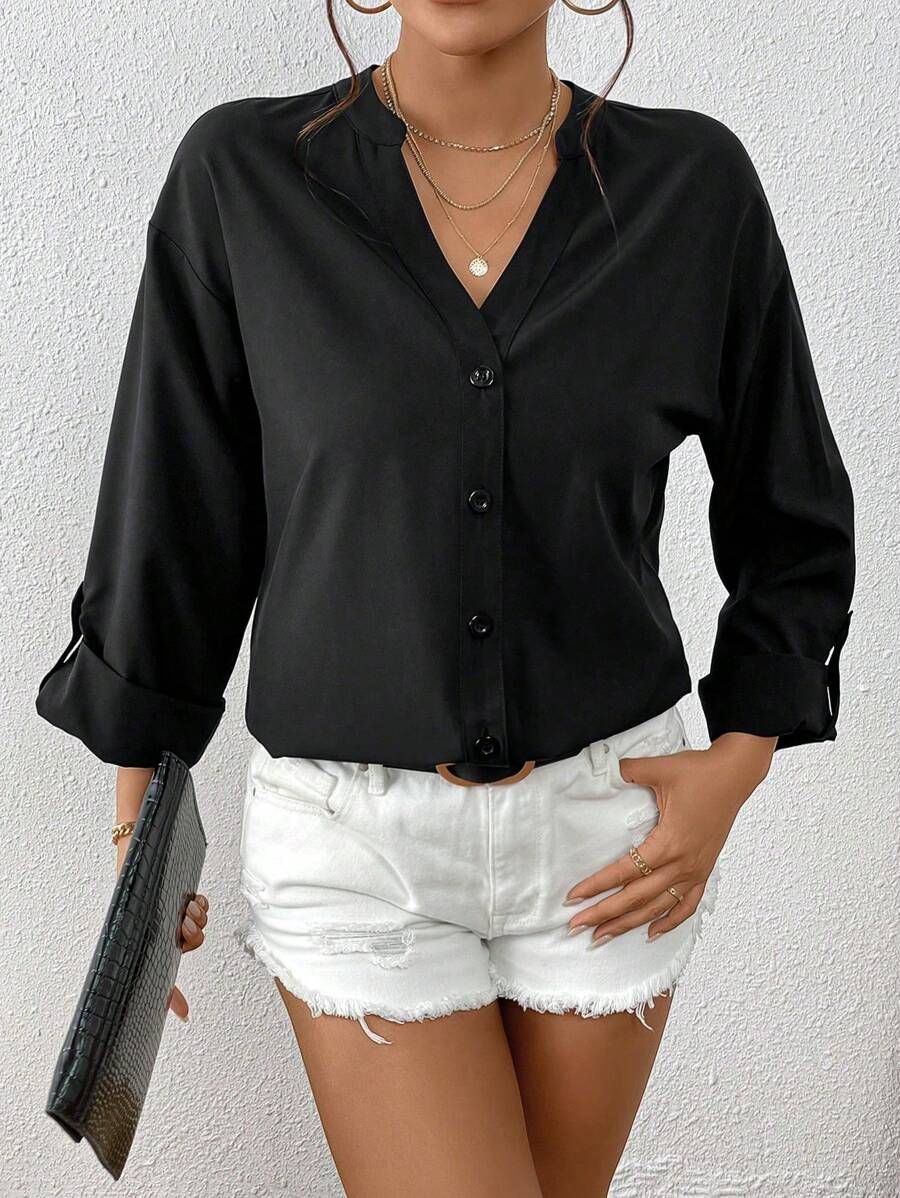 SHEIN Privé Áo sơ mi nữ Nút phía trước màu trơn Giải trí - màu đen - Xem 1