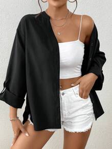 SHEIN Privé Áo sơ mi nữ Nút phía trước màu trơn Giải trí - màu đen - Xem 5