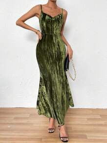 SHEIN Privé cổ áo xếp nếp Nàng tiên cá Hem Váy Dây - màu xanh lá - Xem 3