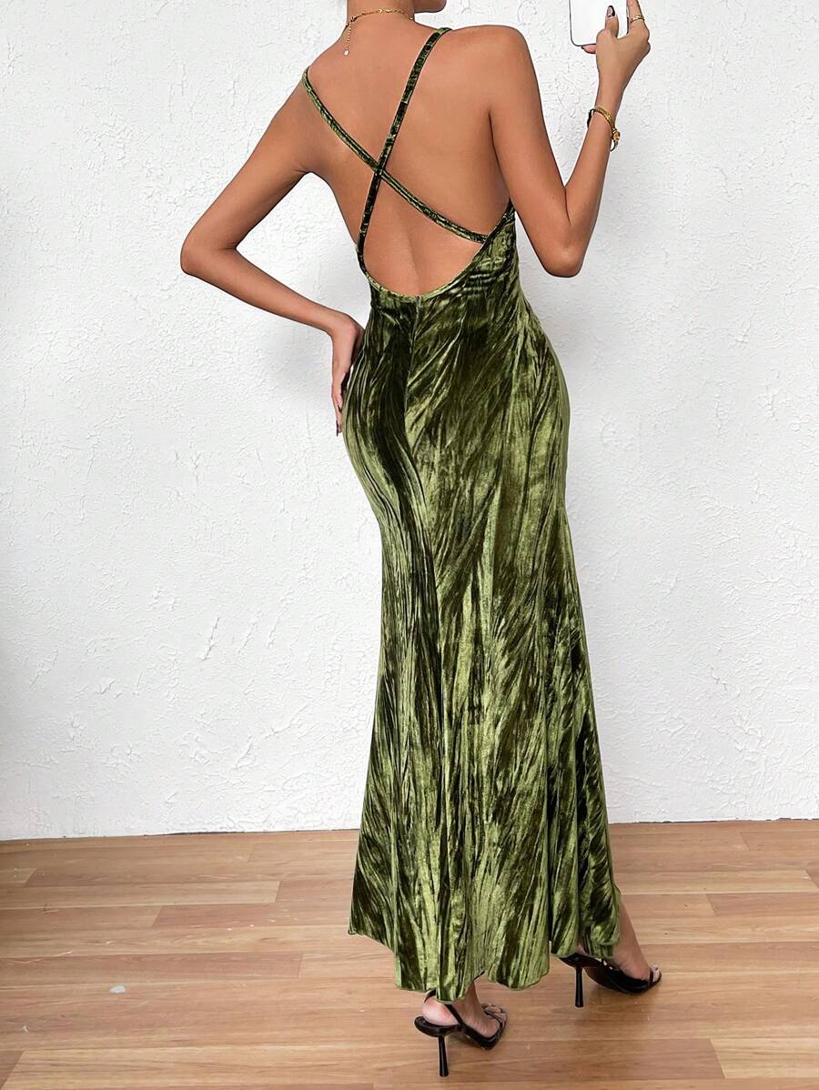 SHEIN Privé cổ áo xếp nếp Nàng tiên cá Hem Váy Dây - màu xanh lá - Xem 1