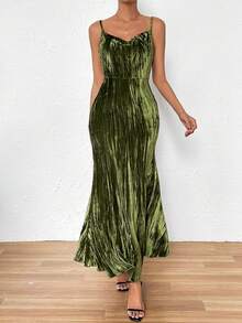 SHEIN Privé cổ áo xếp nếp Nàng tiên cá Hem Váy Dây - màu xanh lá - Xem 4