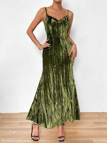 SHEIN Privé cổ áo xếp nếp Nàng tiên cá Hem Váy Dây - màu xanh lá - Xem 2