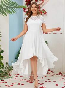 加大对比色蕾丝高低下摆雪纺伴娘礼服加大码白色优雅连衣裙 - 白色 - 查看 5