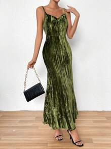SHEIN Privé cổ áo xếp nếp Nàng tiên cá Hem Váy Dây - màu xanh lá - Xem 5