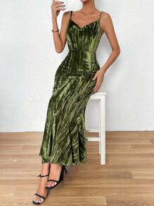 SHEIN Privé cổ áo xếp nếp Nàng tiên cá Hem Váy Dây - màu xanh lá - Xem 6