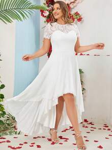 加大对比色蕾丝高低下摆雪纺伴娘礼服加大码白色优雅连衣裙 - 白色 - 查看 7