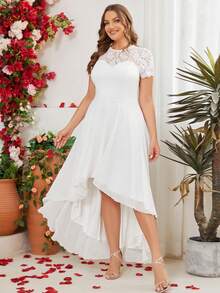 加大对比色蕾丝高低下摆雪纺伴娘礼服加大码白色优雅连衣裙 - 白色 - 查看 8