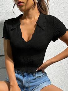 SHEIN EZwear 素色木耳邊T恤 - 黑色 - 查看 1