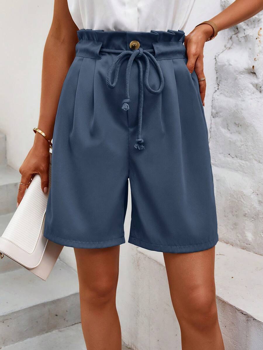 SHEIN LUNE 紙袋腰腰帶闊腿短褲 - 藍色 - 查看 1