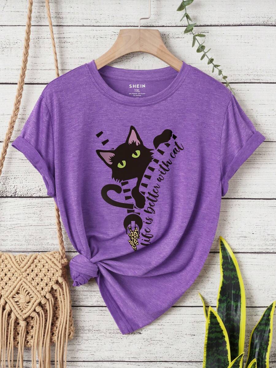 INAWLY Plus Cat And Slogan Graphic Life Is Better With Cat For Summer - Violet Purple - View 1