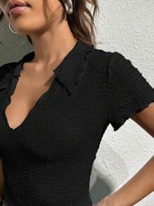 SHEIN EZwear 素色木耳邊T恤 - 黑色 - 查看 3