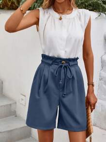 SHEIN LUNE 紙袋腰腰帶闊腿短褲 - 藍色 - 查看 3