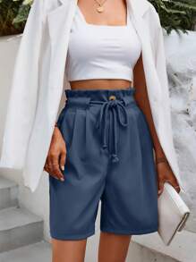 SHEIN LUNE 紙袋腰腰帶闊腿短褲 - 藍色 - 查看 4