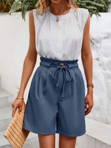 SHEIN LUNE 紙袋腰腰帶闊腿短褲 - 藍色 - 查看 5