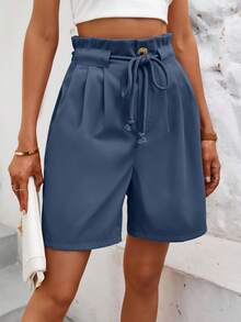 SHEIN LUNE 紙袋腰腰帶闊腿短褲 - 藍色 - 查看 6
