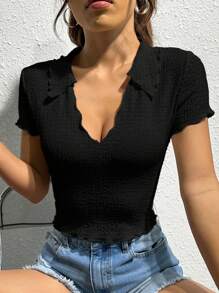 SHEIN EZwear 素色木耳邊T恤 - 黑色 - 查看 6