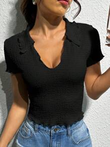 SHEIN EZwear 素色木耳邊T恤 - 黑色 - 查看 7