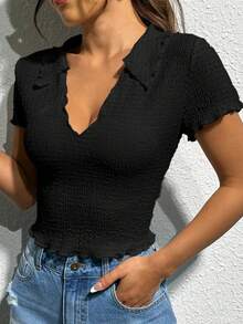 SHEIN EZwear 素色木耳邊T恤 - 黑色 - 查看 8