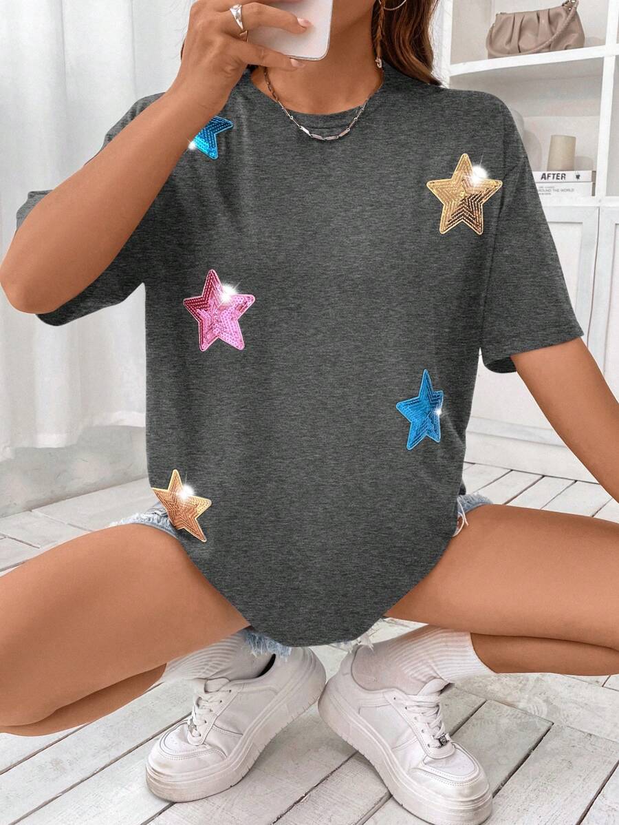 SHEIN Essnce Star Print Drop Shoulder Tee - Dark Grey - View 1