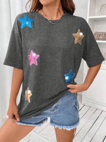 SHEIN Essnce Star Print Drop Shoulder Tee - Dark Grey - View 3