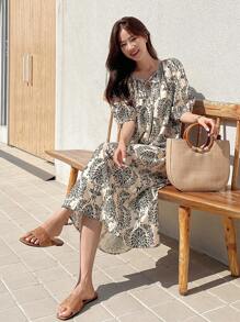 DAZY 印花系领泡泡袖宽松连衣裙 吊带裙 度假装扮 女款 - 彩色 - 查看 1