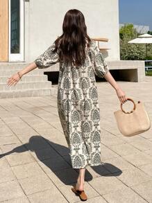 DAZY 印花系领泡泡袖宽松连衣裙 吊带裙 度假装扮 女款 - 彩色 - 查看 2