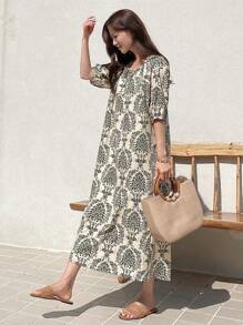 DAZY 印花系领泡泡袖宽松连衣裙 吊带裙 度假装扮 女款 - 彩色 - 查看 3