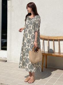 DAZY 印花系领泡泡袖宽松连衣裙 吊带裙 度假装扮 女款 - 彩色 - 查看 4