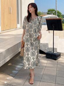 DAZY 印花系领泡泡袖宽松连衣裙 吊带裙 度假装扮 女款 - 彩色 - 查看 5