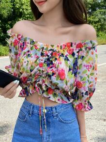 DAZY Vải in hoa Off Shoulder Mặt trước dây rút Viền Ruffle Áo sơ mi Crop - Nhiều màu - Xem 2