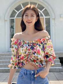 DAZY Vải in hoa Off Shoulder Mặt trước dây rút Viền Ruffle Áo sơ mi Crop - Nhiều màu - Xem 5