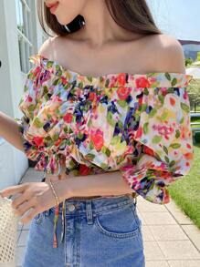DAZY Vải in hoa Off Shoulder Mặt trước dây rút Viền Ruffle Áo sơ mi Crop - Nhiều màu - Xem 4