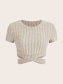 SHEIN EZwear Viền chéo Áo thun - Màu be - Xem 1