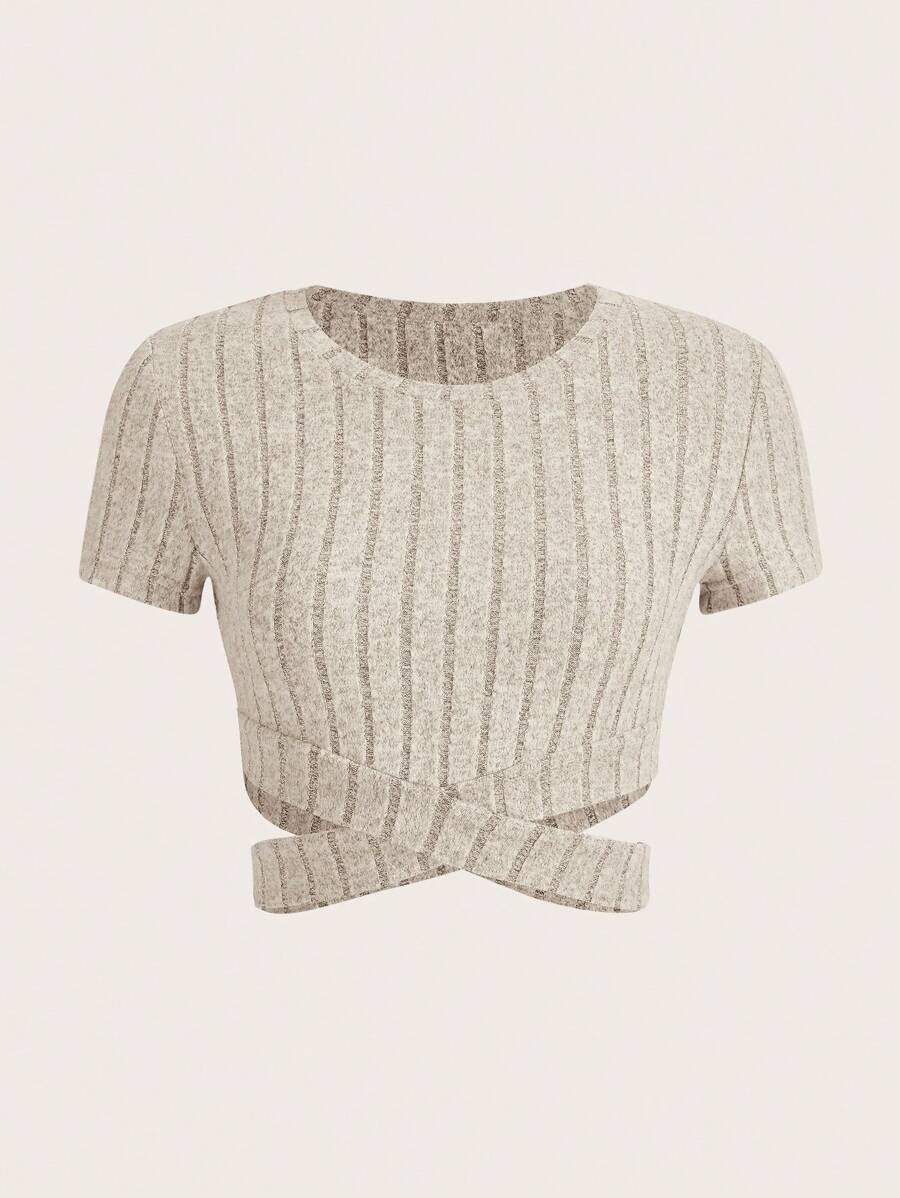 SHEIN EZwear Viền chéo Áo thun - Màu be - Xem 1