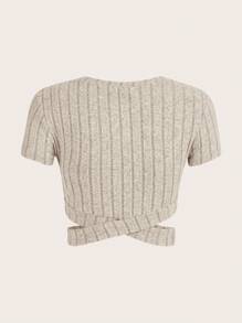 SHEIN EZwear Viền chéo Áo thun - Màu be - Xem 2