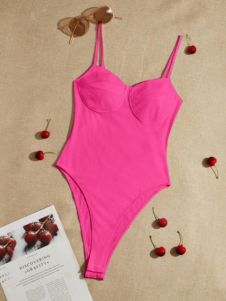 SHEIN EZwear 素色緊身吊帶連體衣 - 玫紅色 - 查看 1