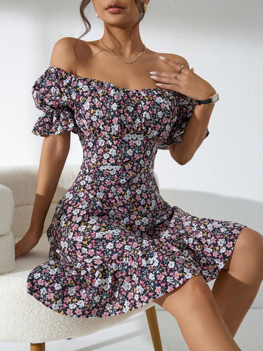 碎花一字肩荷葉邊連衣裙 - 彩色 - 查看 1