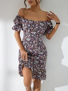 碎花一字肩荷葉邊連衣裙 - 彩色 - 查看 3