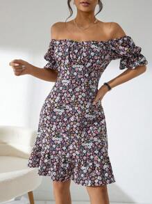 碎花一字肩荷葉邊連衣裙 - 彩色 - 查看 5