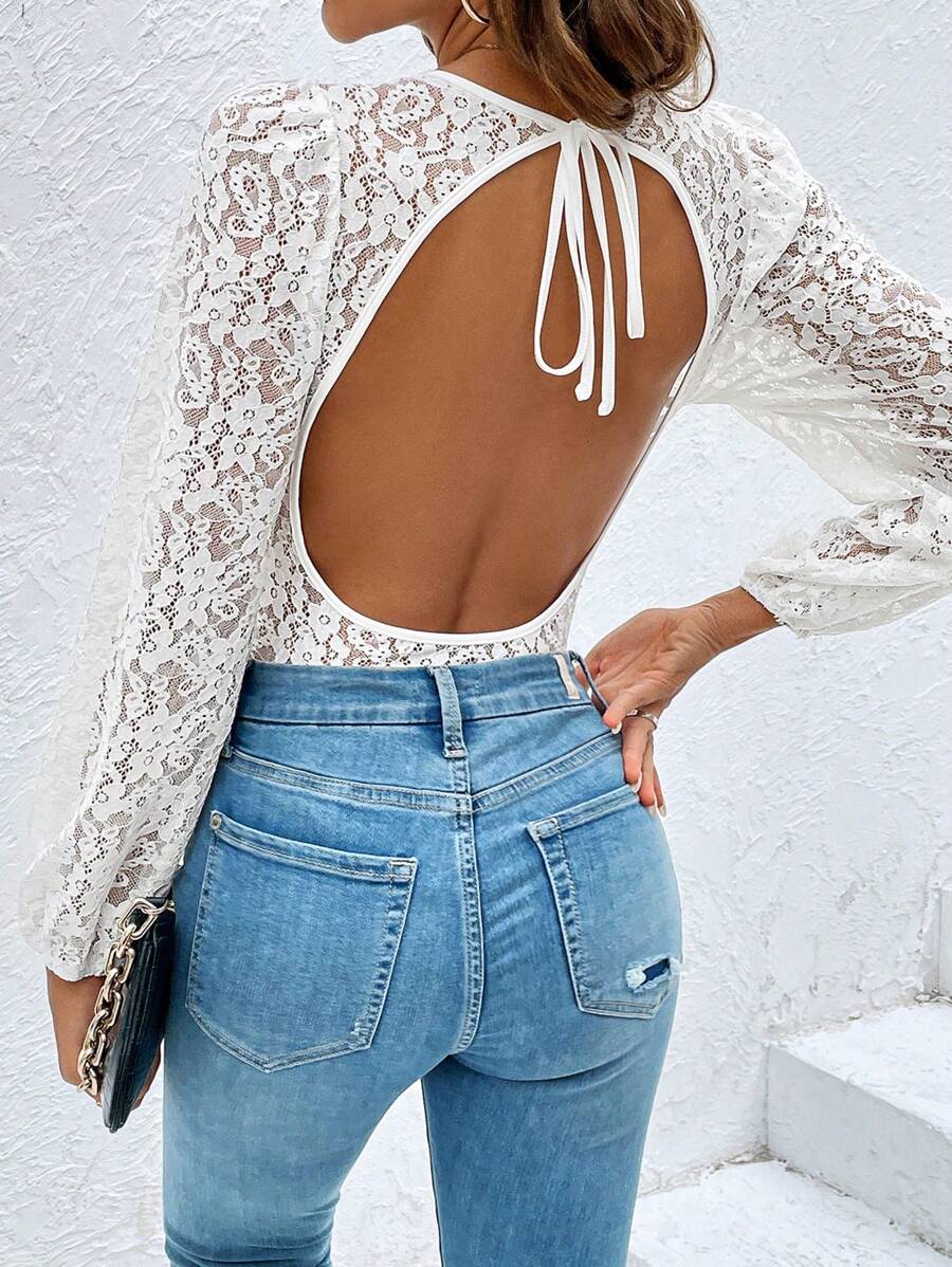 SHEIN Frenchy 後背繫帶打結細節蕾絲連身背心 - 白色 - 查看 1