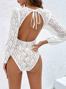 SHEIN Frenchy 後背繫帶打結細節蕾絲連身背心 - 白色 - 查看 5