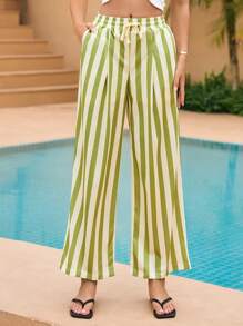 SHEIN Striped Drawstring Waist Wide Leg Pants - Multicolor - View 3